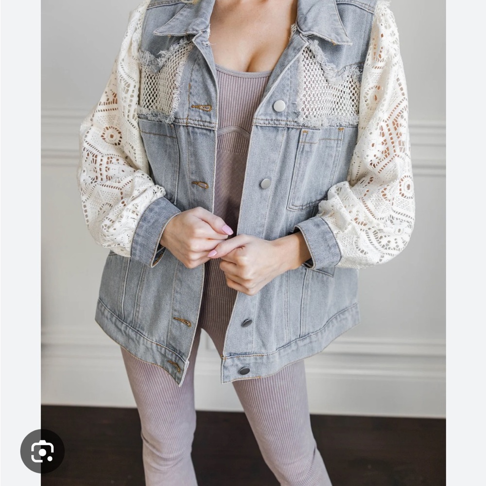 POL Light Blue Denim Jacket with Cream Lace Sleeves